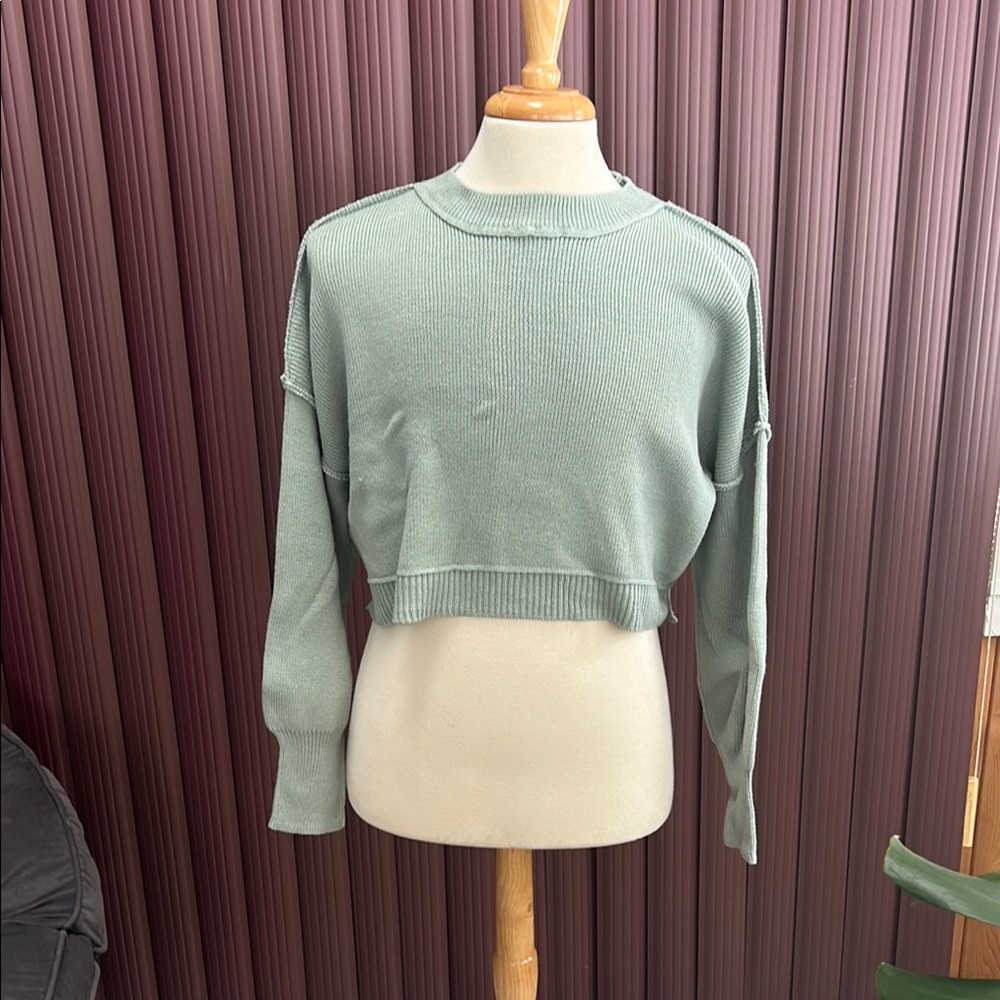 Pink Rose Green Boxy Cropped Sweatshirt Crew Neck